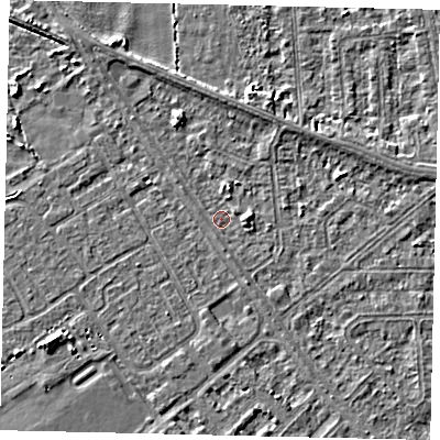 Shaded relief map of the ground around HU54QE, computed from Environment Agency LiDAR. The ground here sits at about 2 m above sea level and falls 3 m across the surrounding 800 m. Surface water reaching this point runs off ground lying to the east, 1.9 m higher.