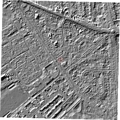 Shaded relief map of the ground around HU54QF, computed from Environment Agency LiDAR. The ground here sits at about 2 m above sea level and falls 3 m across the surrounding 800 m. Surface water reaching this point runs off ground lying to the north-north-west, 2.2 m higher.