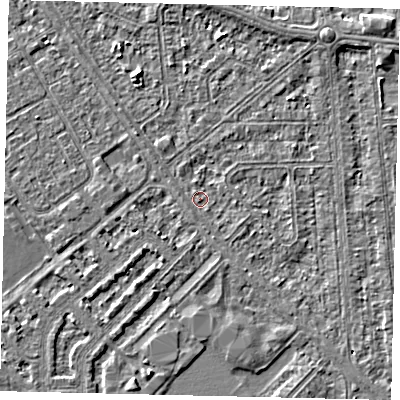 Shaded relief map of the ground around HU54QG, computed from Environment Agency LiDAR. The ground here sits at about 2 m above sea level and falls 2 m across the surrounding 800 m. Surface water reaching this point runs off ground lying to the south-south-east, 1.0 m higher.