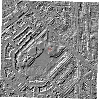 Shaded relief map of the ground around HU54QH, computed from Environment Agency LiDAR. The ground here sits at about 2 m above sea level and falls 2 m across the surrounding 800 m. Surface water reaching this point runs off ground lying to the west-south-west, 1.7 m higher.