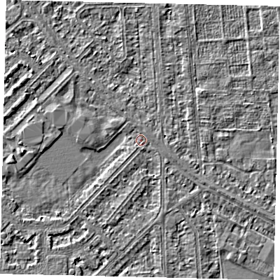 Shaded relief map of the ground around HU54QJ, computed from Environment Agency LiDAR. The ground here sits at about 2 m above sea level and falls 2 m across the surrounding 800 m. Surface water reaching this point runs off ground lying to the north-east, 1.3 m higher.