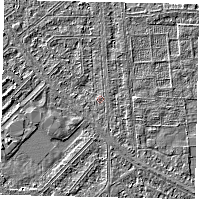 Shaded relief map of the ground around HU54QL, computed from Environment Agency LiDAR. The ground here sits at about 2 m above sea level and falls 2 m across the surrounding 800 m. Surface water reaching this point runs off ground lying to the south, 1.5 m higher.