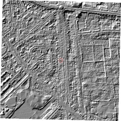 Shaded relief map of the ground around HU54QN, computed from Environment Agency LiDAR. The ground here sits at about 2 m above sea level and falls 3 m across the surrounding 800 m. Surface water reaching this point runs off ground lying to the north, 2.3 m higher.