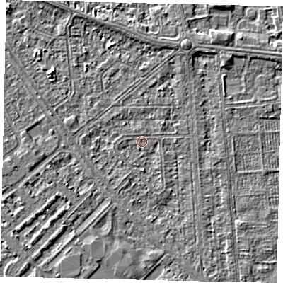 Shaded relief map of the ground around HU54QP, computed from Environment Agency LiDAR. The ground here sits at about 2 m above sea level and falls 2 m across the surrounding 800 m. Surface water reaching this point runs off ground lying to the south-south-west, 0.8 m higher.