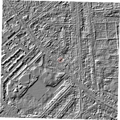 Shaded relief map of the ground around HU54QQ, computed from Environment Agency LiDAR. The ground here sits at about 2 m above sea level and falls 2 m across the surrounding 800 m. Surface water reaching this point runs off ground lying to the south-east, 1.5 m higher.