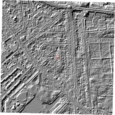 Shaded relief map of the ground around HU54QR, computed from Environment Agency LiDAR. The ground here sits at about 2 m above sea level and falls 3 m across the surrounding 800 m. Surface water reaching this point runs off ground lying to the west, 0.8 m higher.