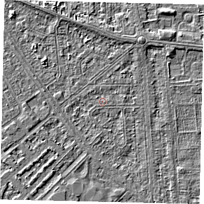 Shaded relief map of the ground around HU54QS, computed from Environment Agency LiDAR. The ground here sits at about 2 m above sea level and falls 3 m across the surrounding 800 m. Surface water reaching this point runs off ground lying to the south, 0.8 m higher.