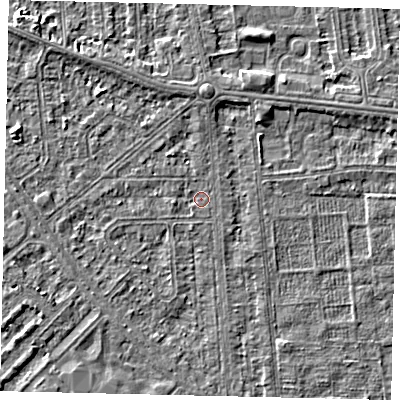 Shaded relief map of the ground around HU54QU, computed from Environment Agency LiDAR. The ground here sits at about 2 m above sea level and falls 3 m across the surrounding 800 m. Surface water reaching this point runs off ground lying to the north, 2.3 m higher.