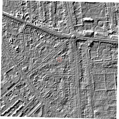 Shaded relief map of the ground around HU54QY, computed from Environment Agency LiDAR. The ground here sits at about 2 m above sea level and falls 3 m across the surrounding 800 m. Surface water reaching this point runs off ground lying to the north-north-east, 1.4 m higher.