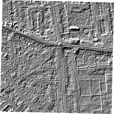 Shaded relief map of the ground around HU54QZ, computed from Environment Agency LiDAR. The ground here sits at about 2 m above sea level and falls 3 m across the surrounding 800 m. Surface water reaching this point runs off ground lying to the north, 1.7 m higher.