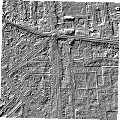 Shaded relief map of the ground around HU54RA, computed from Environment Agency LiDAR. The ground here sits at about 2 m above sea level and falls 3 m across the surrounding 800 m. Surface water reaching this point runs off ground lying to the south, 0.8 m higher.