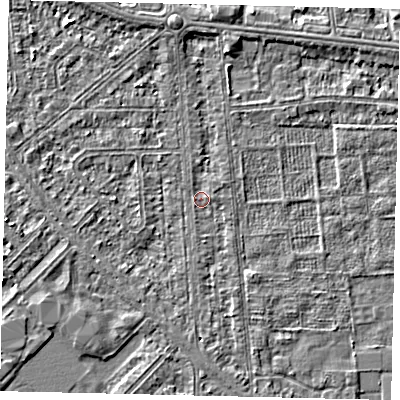 Shaded relief map of the ground around HU54RB, computed from Environment Agency LiDAR. The ground here sits at about 2 m above sea level and falls 2 m across the surrounding 800 m. Surface water reaching this point runs off ground lying to the north, 2.3 m higher.