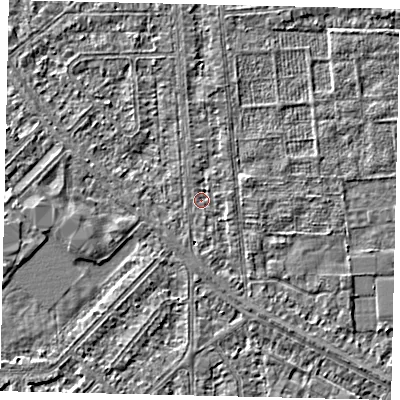 Shaded relief map of the ground around HU54RD, computed from Environment Agency LiDAR. The ground here sits at about 2 m above sea level and falls 2 m across the surrounding 800 m. Surface water reaching this point runs off ground lying to the south, 1.1 m higher.