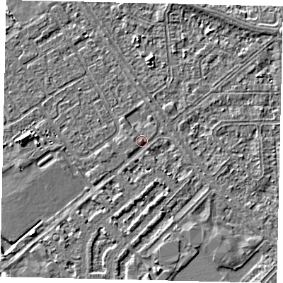 Shaded relief map of the ground around HU54RJ, computed from Environment Agency LiDAR. The ground here sits at about 3 m above sea level and falls 3 m across the surrounding 800 m. Surface water reaching this point runs off ground lying to the south-east, 1.5 m higher.