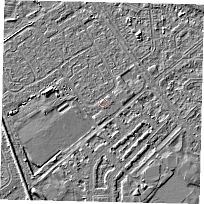 Shaded relief map of the ground around HU54RL, computed from Environment Agency LiDAR. The ground here sits at about 2 m above sea level and falls 3 m across the surrounding 800 m. Surface water reaching this point runs off ground lying to the west, 2.5 m higher.