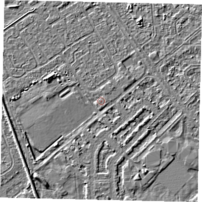 Shaded relief map of the ground around HU54RN, computed from Environment Agency LiDAR. The ground here sits at about 2 m above sea level and falls 3 m across the surrounding 800 m. Surface water reaching this point runs off ground lying to the north, 0.9 m higher.