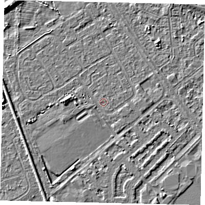 Shaded relief map of the ground around HU54RR, computed from Environment Agency LiDAR. The ground here sits at about 2 m above sea level and falls 8 m across the surrounding 800 m. Surface water reaching this point runs off ground lying to the west, 2.5 m higher.