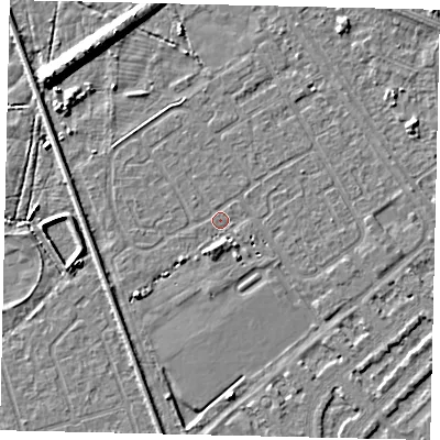 Shaded relief map of the ground around HU54RU, computed from Environment Agency LiDAR. The ground here sits at about 2 m above sea level and falls 9 m across the surrounding 800 m. Surface water reaching this point runs off ground lying to the north-west, 0.7 m higher.