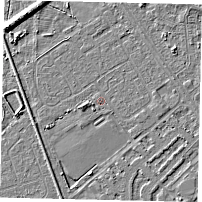 Shaded relief map of the ground around HU54RX, computed from Environment Agency LiDAR. The ground here sits at about 2 m above sea level and falls 9 m across the surrounding 800 m. Surface water reaching this point runs off ground lying to the west-south-west, 2.4 m higher.