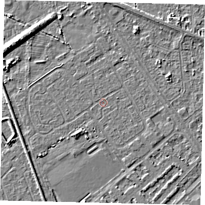 Shaded relief map of the ground around HU54RY, computed from Environment Agency LiDAR. The ground here sits at about 2 m above sea level and falls 8 m across the surrounding 800 m. Surface water reaching this point runs off ground lying to the north-west, 0.7 m higher.