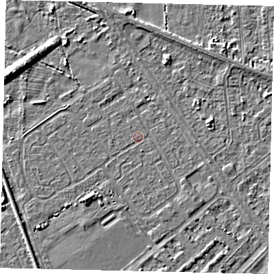 Shaded relief map of the ground around HU54RZ, computed from Environment Agency LiDAR. The ground here sits at about 2 m above sea level and falls 7 m across the surrounding 800 m. Surface water reaching this point runs off ground lying to the west-north-west, 0.8 m higher.