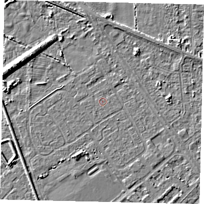 Shaded relief map of the ground around HU54SA, computed from Environment Agency LiDAR. The ground here sits at about 2 m above sea level and falls 7 m across the surrounding 800 m. Surface water reaching this point runs off ground lying to the north-north-west, 0.6 m higher.