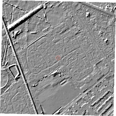 Shaded relief map of the ground around HU54SB, computed from Environment Agency LiDAR. The ground here sits at about 2 m above sea level and falls 9 m across the surrounding 800 m. Surface water reaching this point runs off ground lying to the north-west, 0.7 m higher.