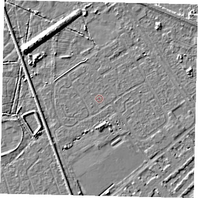 Shaded relief map of the ground around HU54SD, computed from Environment Agency LiDAR. The ground here sits at about 2 m above sea level and falls 9 m across the surrounding 800 m. The ground contributing surface water to this point lies to the north.