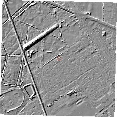 Shaded relief map of the ground around HU54SN, computed from Environment Agency LiDAR. The ground here sits at about 2 m above sea level and falls 9 m across the surrounding 800 m. Surface water reaching this point runs off ground lying to the north-north-east, 1.2 m higher.