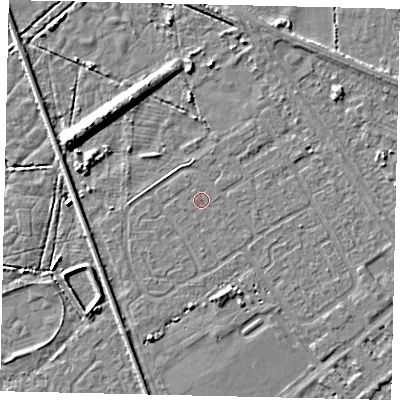 Shaded relief map of the ground around HU54SS, computed from Environment Agency LiDAR. The ground here sits at about 2 m above sea level and falls 9 m across the surrounding 800 m. The ground contributing surface water to this point lies to the east.