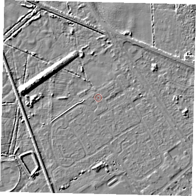 Shaded relief map of the ground around HU54SY, computed from Environment Agency LiDAR. The ground here sits at about 2 m above sea level and falls 9 m across the surrounding 800 m. The ground contributing surface water to this point lies to the north-east.