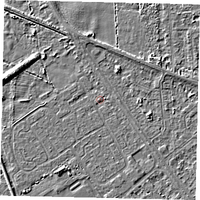 Shaded relief map of the ground around HU54TB, computed from Environment Agency LiDAR. The ground here sits at about 2 m above sea level and falls 7 m across the surrounding 800 m. Surface water reaching this point runs off ground lying to the west, 1.1 m higher.
