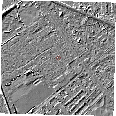 Shaded relief map of the ground around HU54TD, computed from Environment Agency LiDAR. The ground here sits at about 2 m above sea level and falls 5 m across the surrounding 800 m. Surface water reaching this point runs off ground lying to the west-north-west, 1.1 m higher.