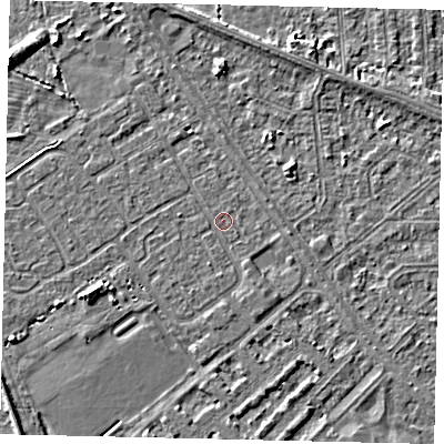 Shaded relief map of the ground around HU54TE, computed from Environment Agency LiDAR. The ground here sits at about 2 m above sea level and falls 5 m across the surrounding 800 m. Surface water reaching this point runs off ground lying to the west-north-west, 1.1 m higher.