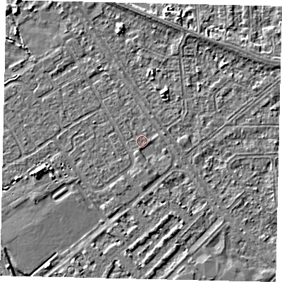 Shaded relief map of the ground around HU54TH, computed from Environment Agency LiDAR. The ground here sits at about 2 m above sea level and falls 4 m across the surrounding 800 m. Surface water reaching this point runs off ground lying to the south-south-east, 1.1 m higher.
