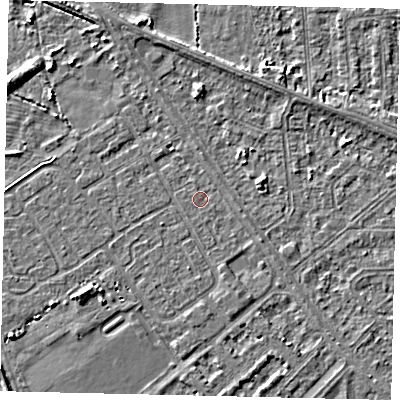 Shaded relief map of the ground around HU54TL, computed from Environment Agency LiDAR. The ground here sits at about 2 m above sea level and falls 5 m across the surrounding 800 m. Surface water reaching this point runs off ground lying to the south-east, 0.8 m higher.