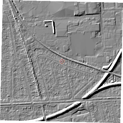 Shaded relief map of the ground around HU55AF, computed from Environment Agency LiDAR. The ground here sits at about 2 m above sea level and falls 7 m across the surrounding 800 m. Surface water reaching this point runs off ground lying to the west, 1.8 m higher.