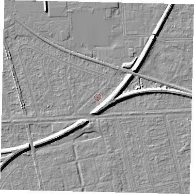 Shaded relief map of the ground around HU55AH, computed from Environment Agency LiDAR. The ground here sits at about 2 m above sea level and falls 7 m across the surrounding 800 m. Surface water reaching this point runs off ground lying to the south-south-east, 6.9 m higher.