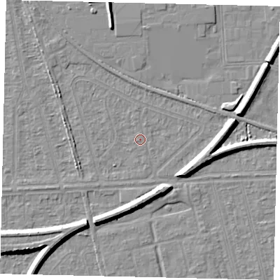 Shaded relief map of the ground around HU55AJ, computed from Environment Agency LiDAR. The ground here sits at about 2 m above sea level and falls 7 m across the surrounding 800 m. Surface water reaching this point runs off ground lying to the south, 6.1 m higher.