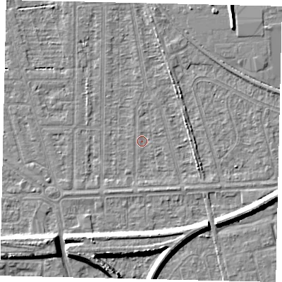 Shaded relief map of the ground around HU55AR, computed from Environment Agency LiDAR. The ground here sits at about 2 m above sea level and falls 8 m across the surrounding 800 m. Surface water reaching this point runs off ground lying to the south, 1.0 m higher.
