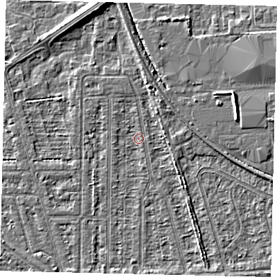 Shaded relief map of the ground around HU55AS, computed from Environment Agency LiDAR. The ground here sits at about 2 m above sea level and falls 7 m across the surrounding 800 m. Surface water reaching this point runs off ground lying to the east-south-east, 0.9 m higher.