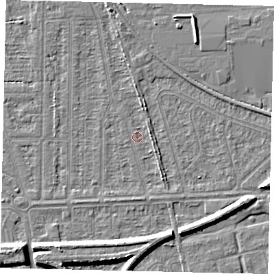 Shaded relief map of the ground around HU55AU, computed from Environment Agency LiDAR. The ground here sits at about 2 m above sea level and falls 7 m across the surrounding 800 m. Surface water reaching this point runs off ground lying to the east-north-east, 1.8 m higher.