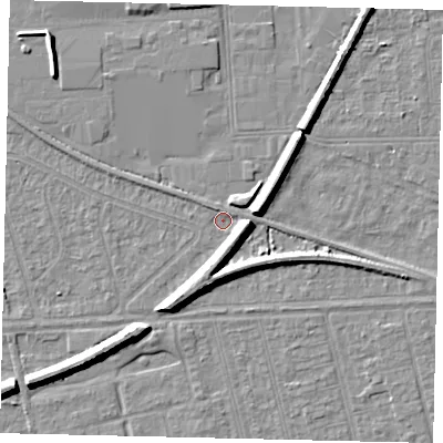 Shaded relief map of the ground around HU55AY, computed from Environment Agency LiDAR. The ground here sits at about 2 m above sea level and falls 7 m across the surrounding 800 m. Surface water reaching this point runs off ground lying to the east, 6.9 m higher.
