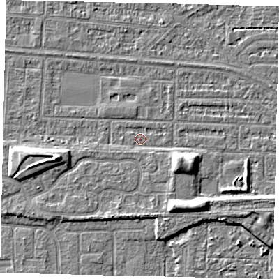 Shaded relief map of the ground around HU55BF, computed from Environment Agency LiDAR. The ground here sits at about 2 m above sea level and falls 7 m across the surrounding 800 m. Surface water reaching this point runs off ground lying to the north-west, 0.7 m higher.