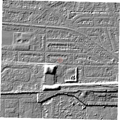 Shaded relief map of the ground around HU55BH, computed from Environment Agency LiDAR. The ground here sits at about 2 m above sea level and falls 7 m across the surrounding 800 m. Surface water reaching this point runs off ground lying to the west, 0.6 m higher.