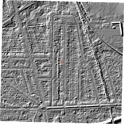 Shaded relief map of the ground around HU55BP, computed from Environment Agency LiDAR. The ground here sits at about 2 m above sea level and falls 7 m across the surrounding 800 m. Surface water reaching this point runs off ground lying to the south-south-west, 0.8 m higher.