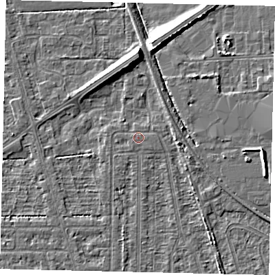Shaded relief map of the ground around HU55DA, computed from Environment Agency LiDAR. The ground here sits at about 2 m above sea level and falls 9 m across the surrounding 800 m. The ground contributing surface water to this point lies to the south-east.