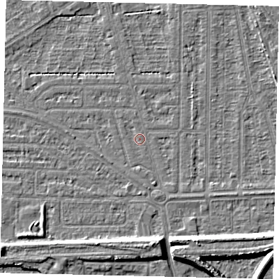 Shaded relief map of the ground around HU55DF, computed from Environment Agency LiDAR. The ground here sits at about 2 m above sea level and falls 8 m across the surrounding 800 m. Surface water reaching this point runs off ground lying to the south-south-east, 1.2 m higher.