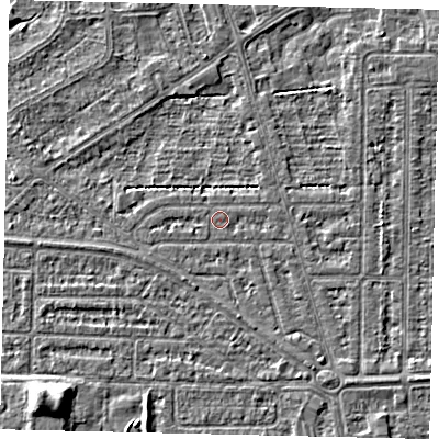 Shaded relief map of the ground around HU55DL, computed from Environment Agency LiDAR. The ground here sits at about 2 m above sea level and falls 6 m across the surrounding 800 m. Surface water reaching this point runs off ground lying to the east-north-east, 0.6 m higher.