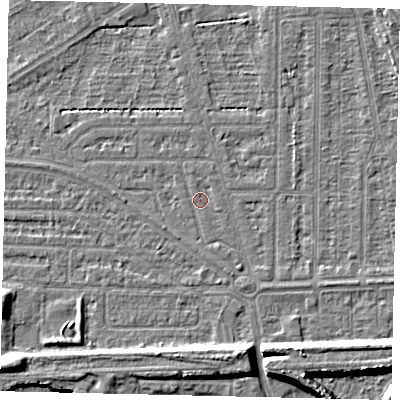 Shaded relief map of the ground around HU55DP, computed from Environment Agency LiDAR. The ground here sits at about 2 m above sea level and falls 8 m across the surrounding 800 m. Surface water reaching this point runs off ground lying to the south-south-east, 0.8 m higher.